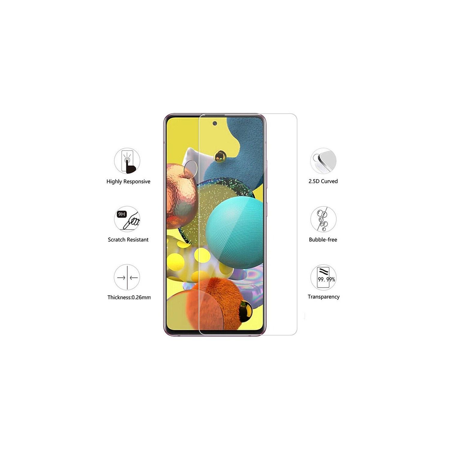 Protecteur écran Galaxy A51 5G Samsung avec protecteurs d’objectif d’appareil photo, sans bulle/déverrouillage/anti-empreintes/antirayure/HD verre