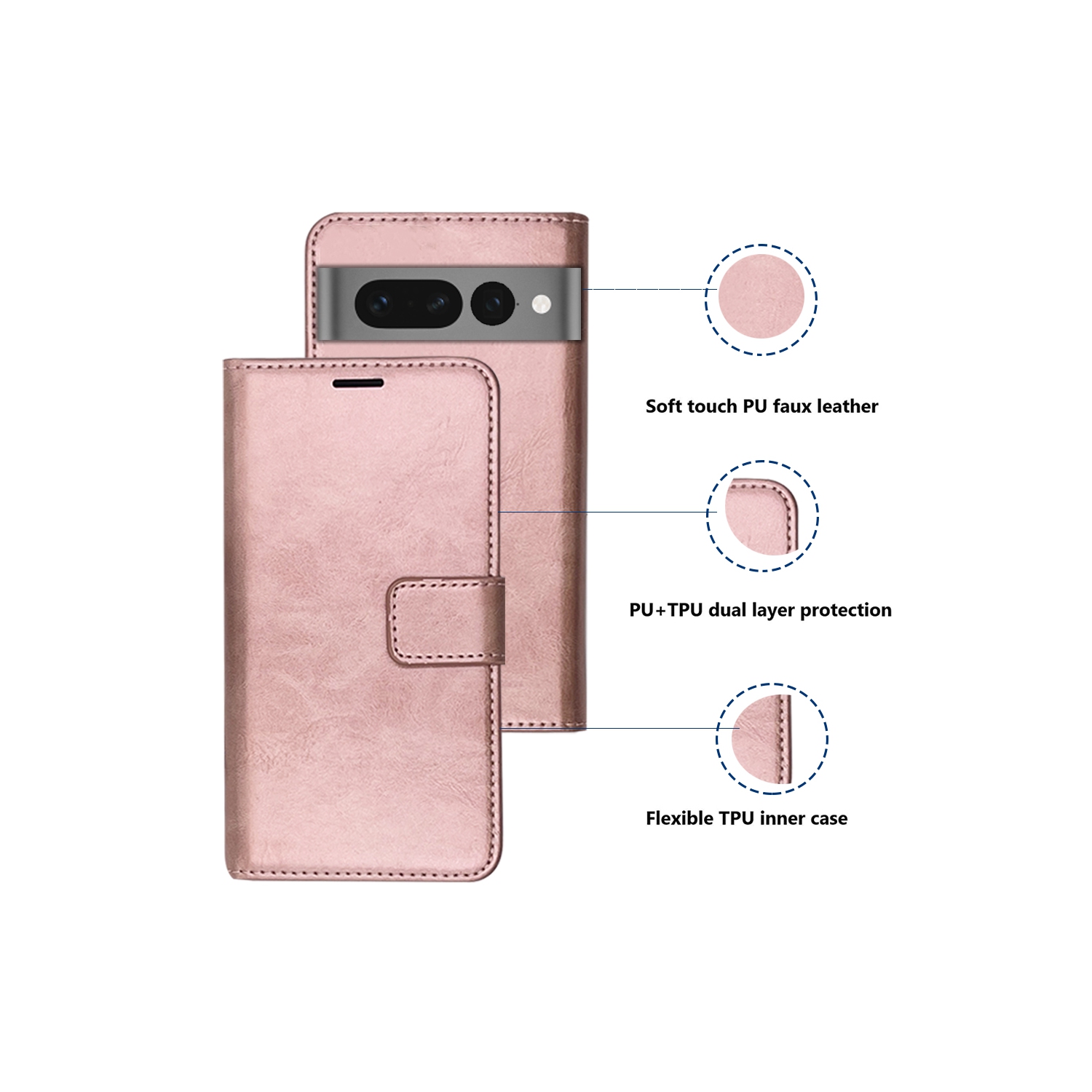 XCRS PU Leather Folio Premium Wallet for Google Pixel 7 Pro, Pouch Case with Magnetic Card Slot, 360° Protection & Multi-Angle Kickstand Mobile Case