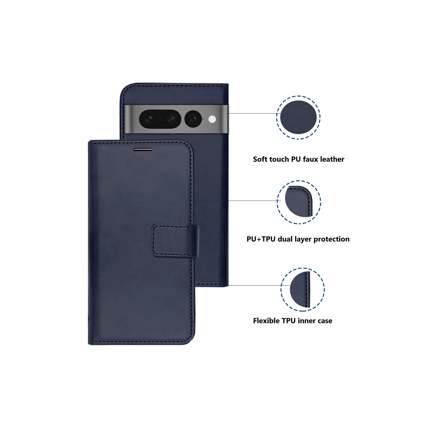 XCRS PU Leather Folio Premium Wallet for Google Pixel 7 Pro, Pouch Case with Magnetic Card Slot, 360° Protection & Multi-Angle Kickstand Mobile Case