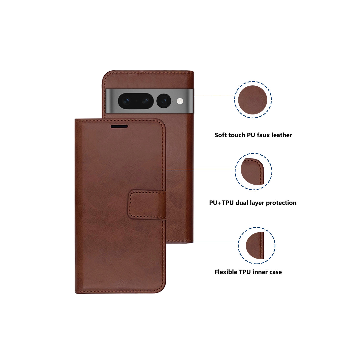 XCRS PU Leather Folio Premium Wallet for Google Pixel 7 Pro, Pouch Case with Magnetic Card Slot, 360° Protection & Multi-Angle Kickstand Mobile Case