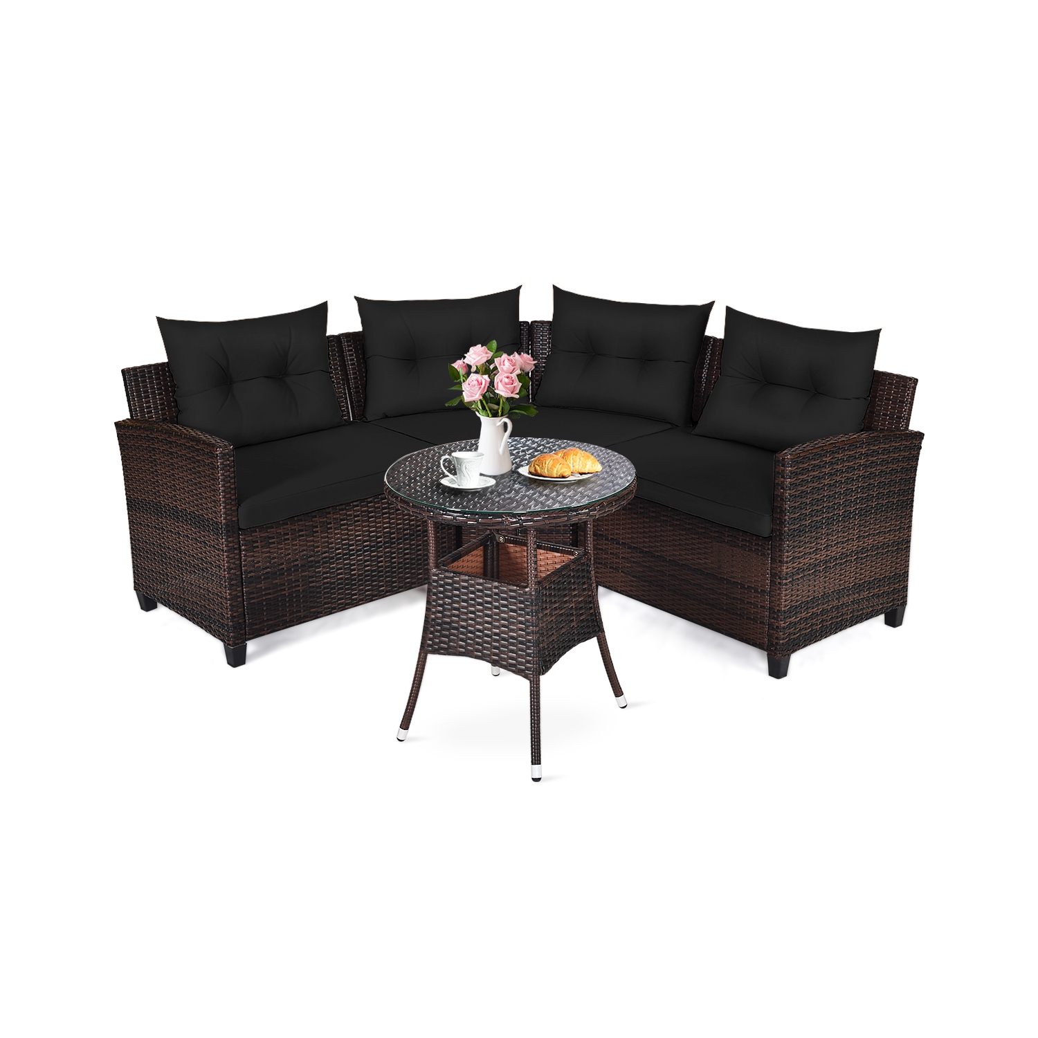 Ensemble de patio de 4 pièces en osier avec sofa modulaire en rotin de TopBuy avec coussins noirs/Havane/Turquoise/Bleu marine/Rouge