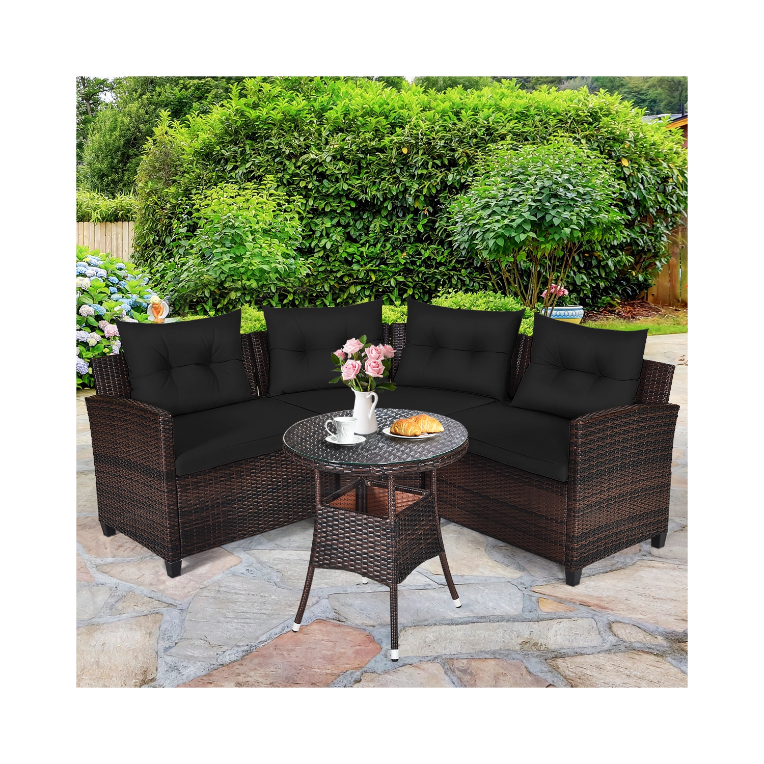 Ensemble de patio de 4 pièces en osier avec sofa modulaire en rotin de TopBuy avec coussins noirs/Havane/Turquoise/Bleu marine/Rouge