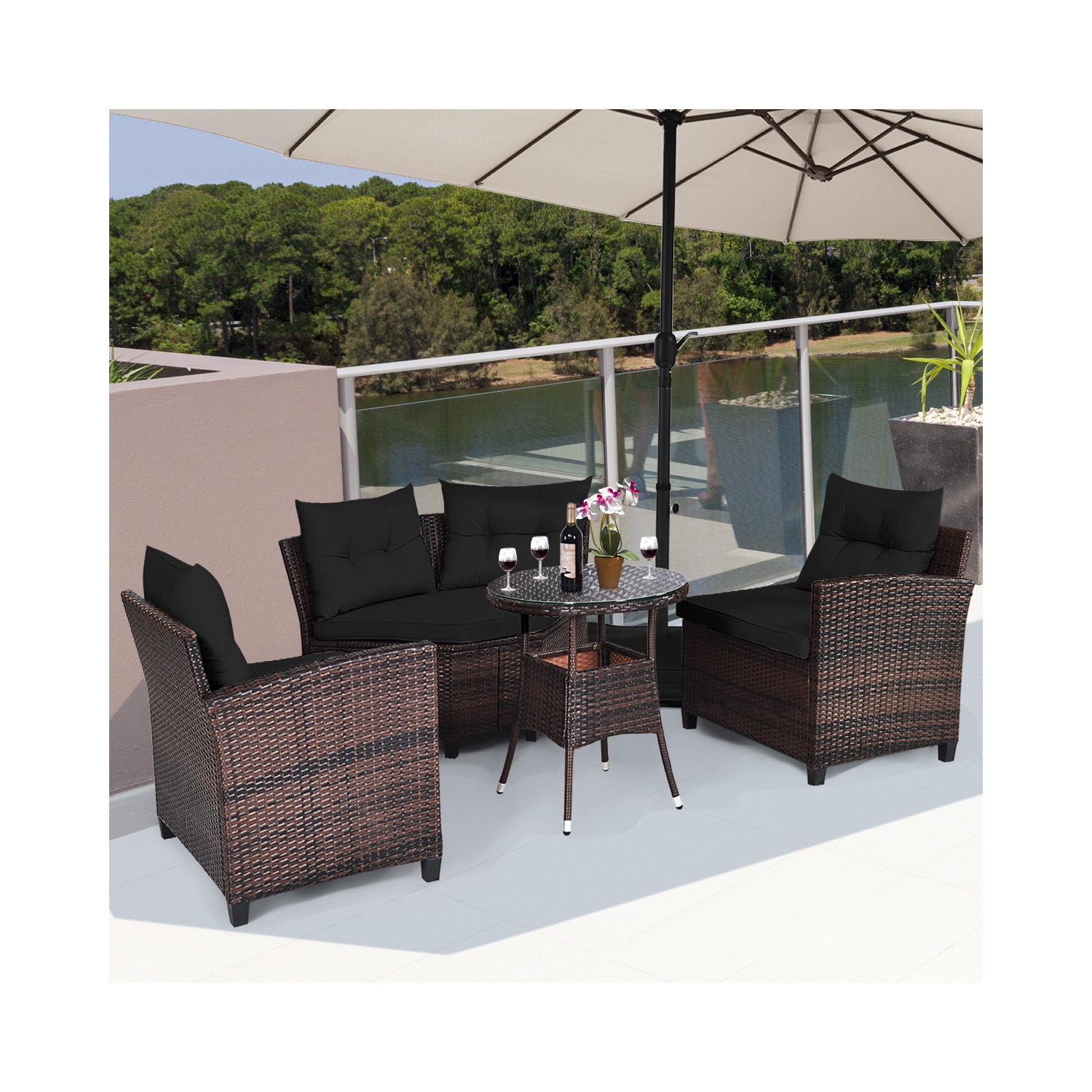 Ensemble de patio de 4 pièces en osier avec sofa modulaire en rotin de TopBuy avec coussins noirs/Havane/Turquoise/Bleu marine/Rouge