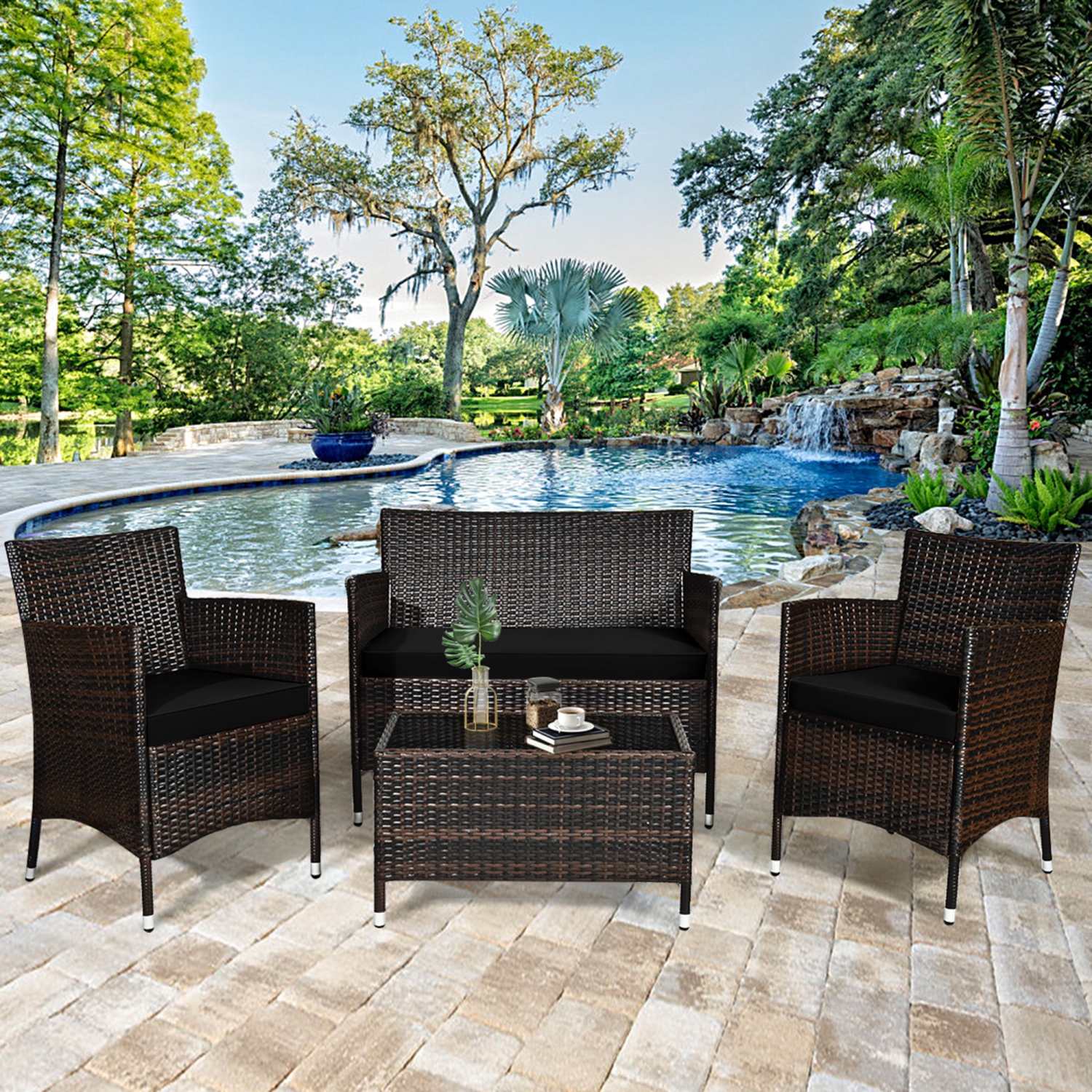 Gymax 8PCS Patio Rattan Conversation Furniture Set Outdoor w/ Black Cushion