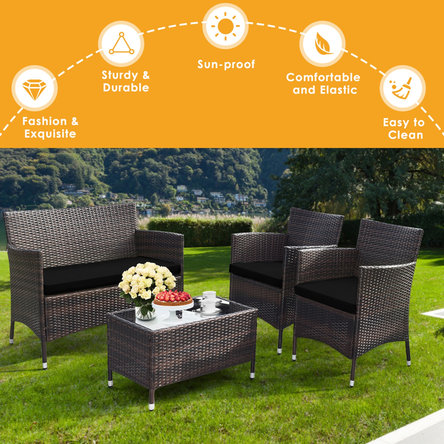 Gymax 8PCS Patio Rattan Conversation Furniture Set Outdoor w/ Black Cushion