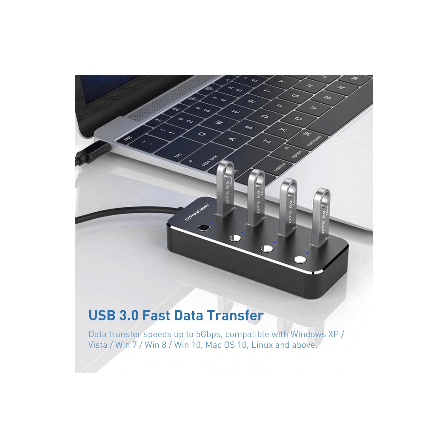 Concentrateur USB 3.0, adaptateur 4 ports USB 3.0 Type A avec interrupteurs d'alimentation LED individuels, 4 pieds - PrimeCables