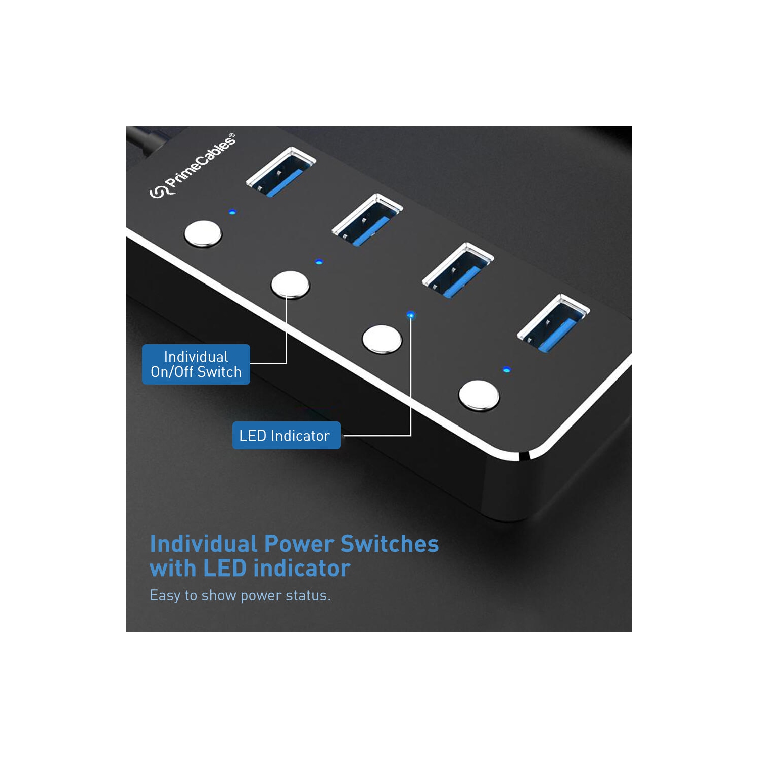 Concentrateur USB 3.0, adaptateur 4 ports USB 3.0 Type A avec interrupteurs d'alimentation LED individuels, 4 pieds - PrimeCables
