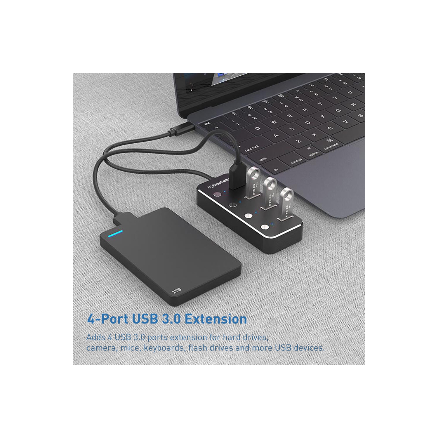 Concentrateur USB 3.0, adaptateur 4 ports USB 3.0 Type A avec interrupteurs d'alimentation LED individuels, 4 pieds - PrimeCables