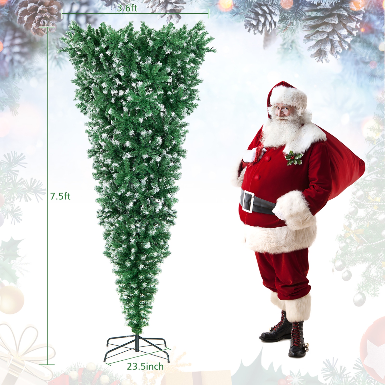 Costway 7.5FT Pre-Lit Snowy Upside Down Christmas Tree 1100 Tips w/ 400 Lights & 8 Modes