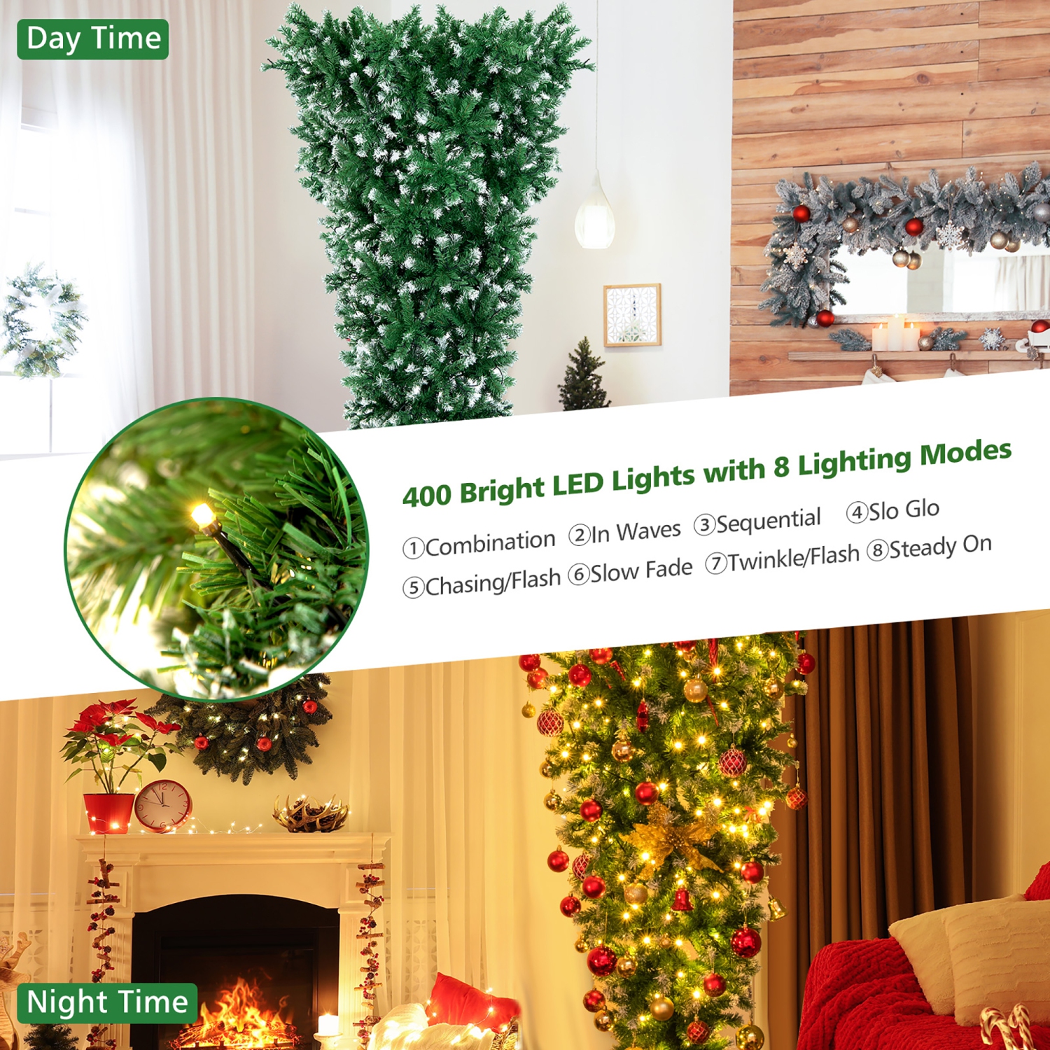 Costway 7.5FT Pre-Lit Snowy Upside Down Christmas Tree 1100 Tips w/ 400 Lights & 8 Modes