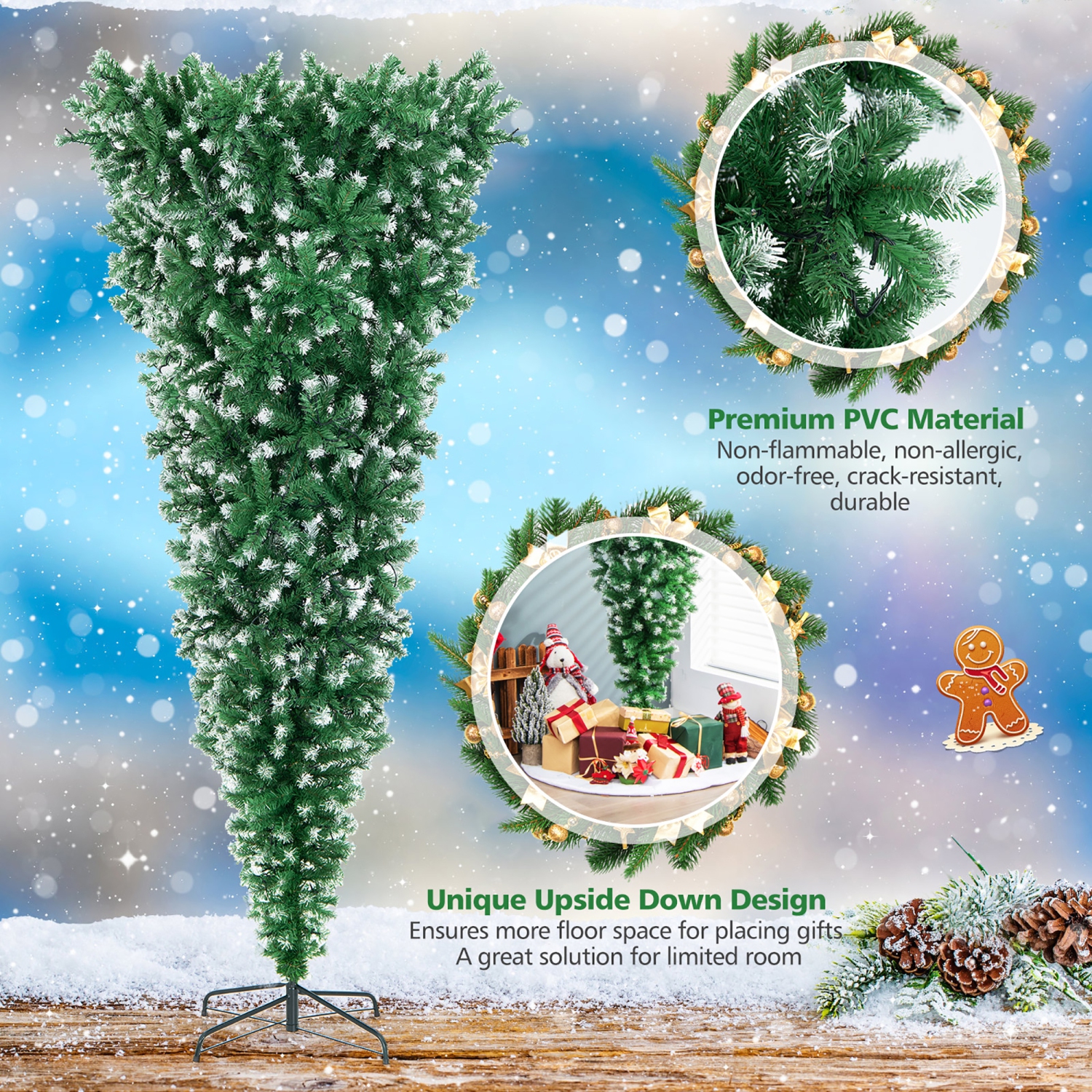 Costway 7.5FT Pre-Lit Snowy Upside Down Christmas Tree 1100 Tips w/ 400 Lights & 8 Modes