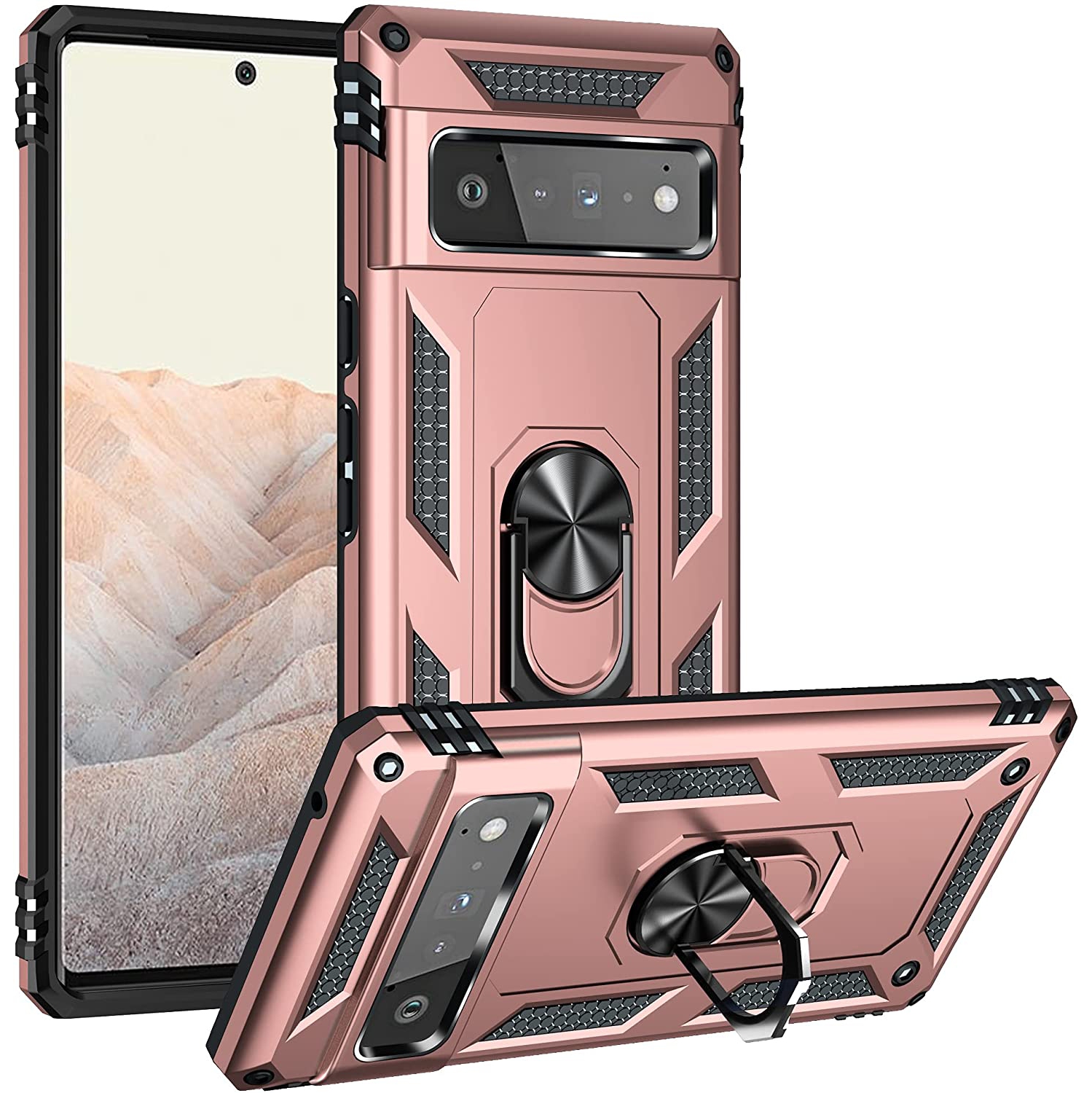 【CSmart】 Anti-Drop Hybrid Magnetic Hard Armor Case with Ring Holder for Google Pixel 7 Pro 2022, Rose Gold
