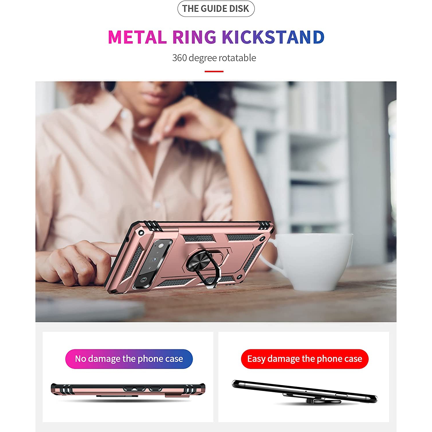 【CSmart】 Anti-Drop Hybrid Magnetic Hard Armor Case with Ring Holder for Google Pixel 7 Pro 2022, Rose Gold