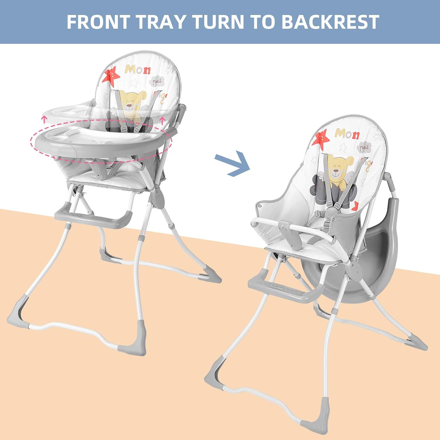 Chaise haute pliable pour bébé, chaise de salle à manger Eat and Grow avec 2 plateau amovible et ceinture de sécurité à 5 points