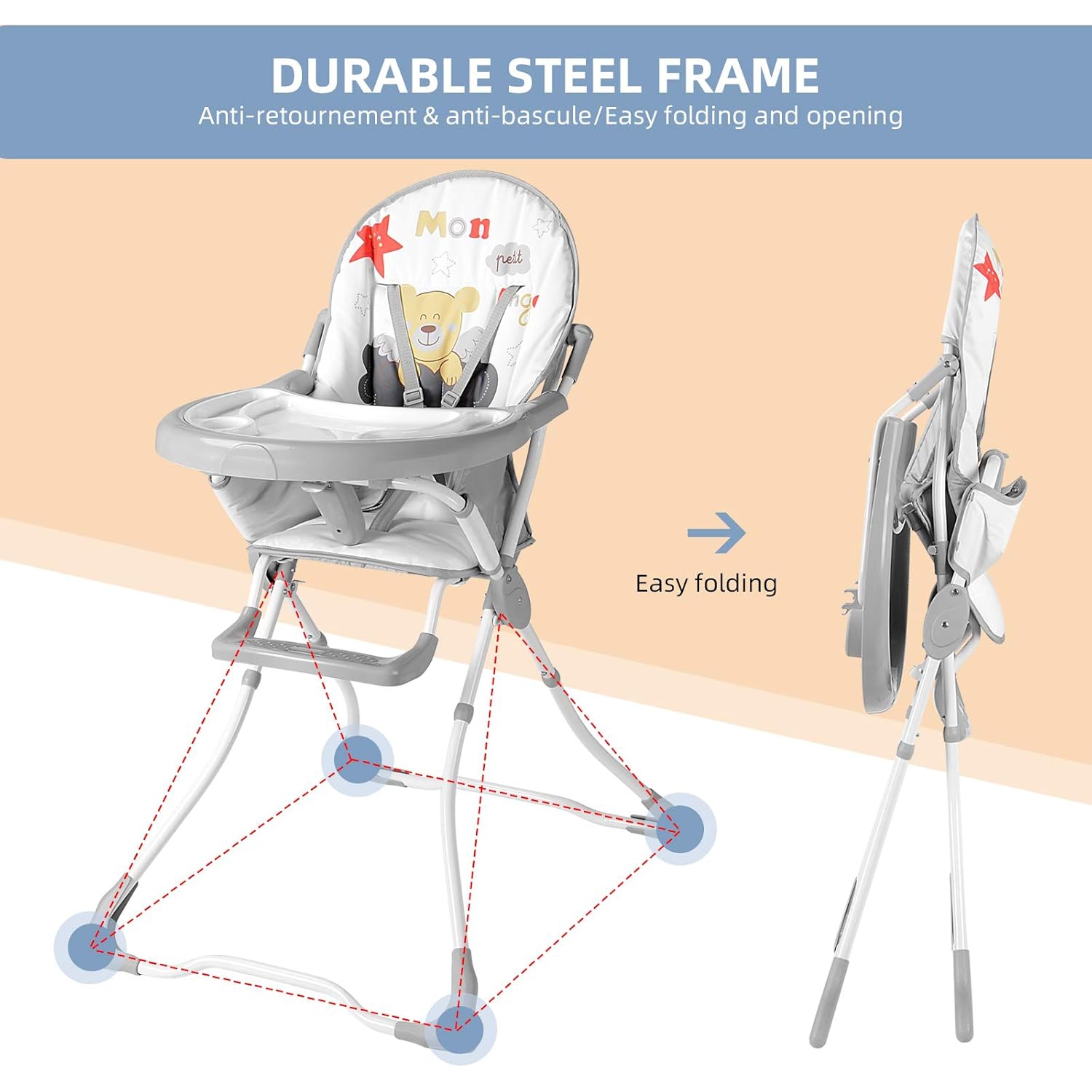 Chaise haute pliable pour bébé, chaise de salle à manger Eat and Grow avec 2 plateau amovible et ceinture de sécurité à 5 points