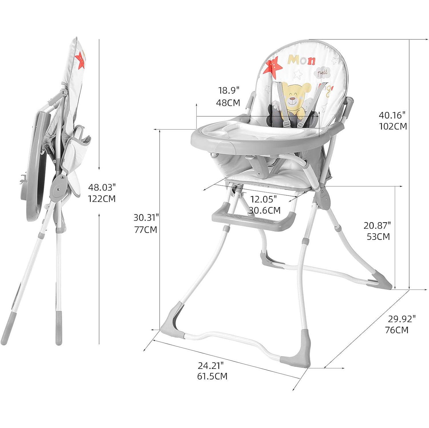 Chaise haute pliable pour bébé, chaise de salle à manger Eat and Grow avec 2 plateau amovible et ceinture de sécurité à 5 points