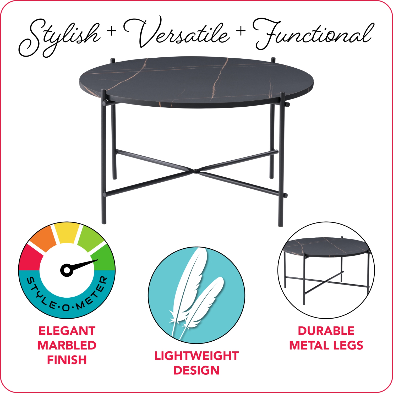 CorLiving Adria Modern Round Coffee Table, Coffee Table for Living Room, Black