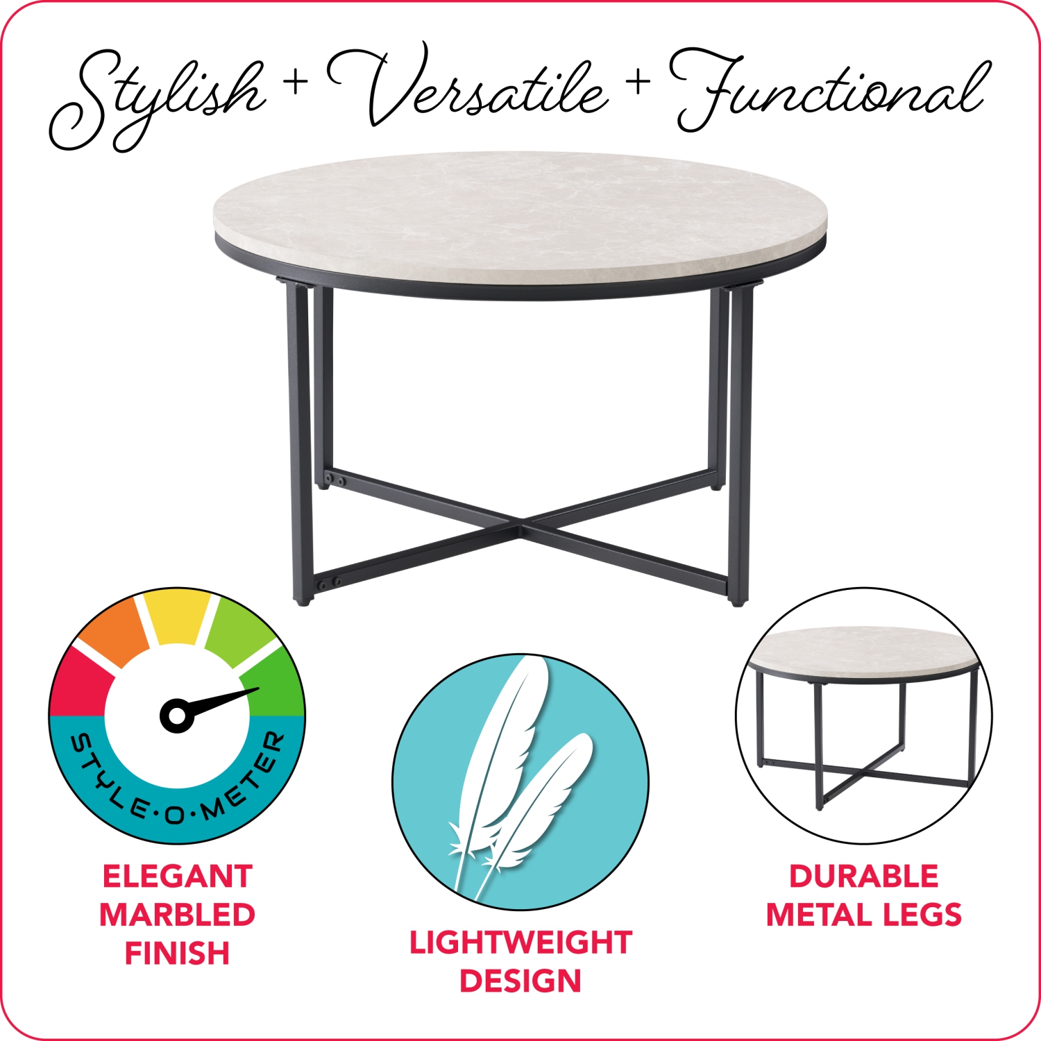 Table basse ronde moderne en bois Aria de CorLiving, petite table basse pour le salon, marbre gris