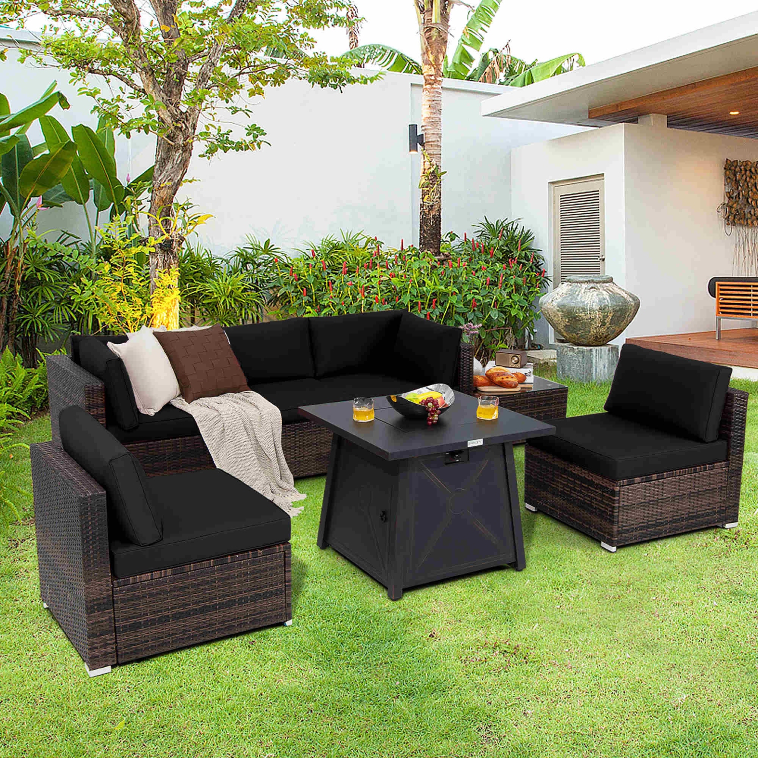 Costway 7PCS Patio Rattan Furniture Set Fire Pit Table Cover Cushion