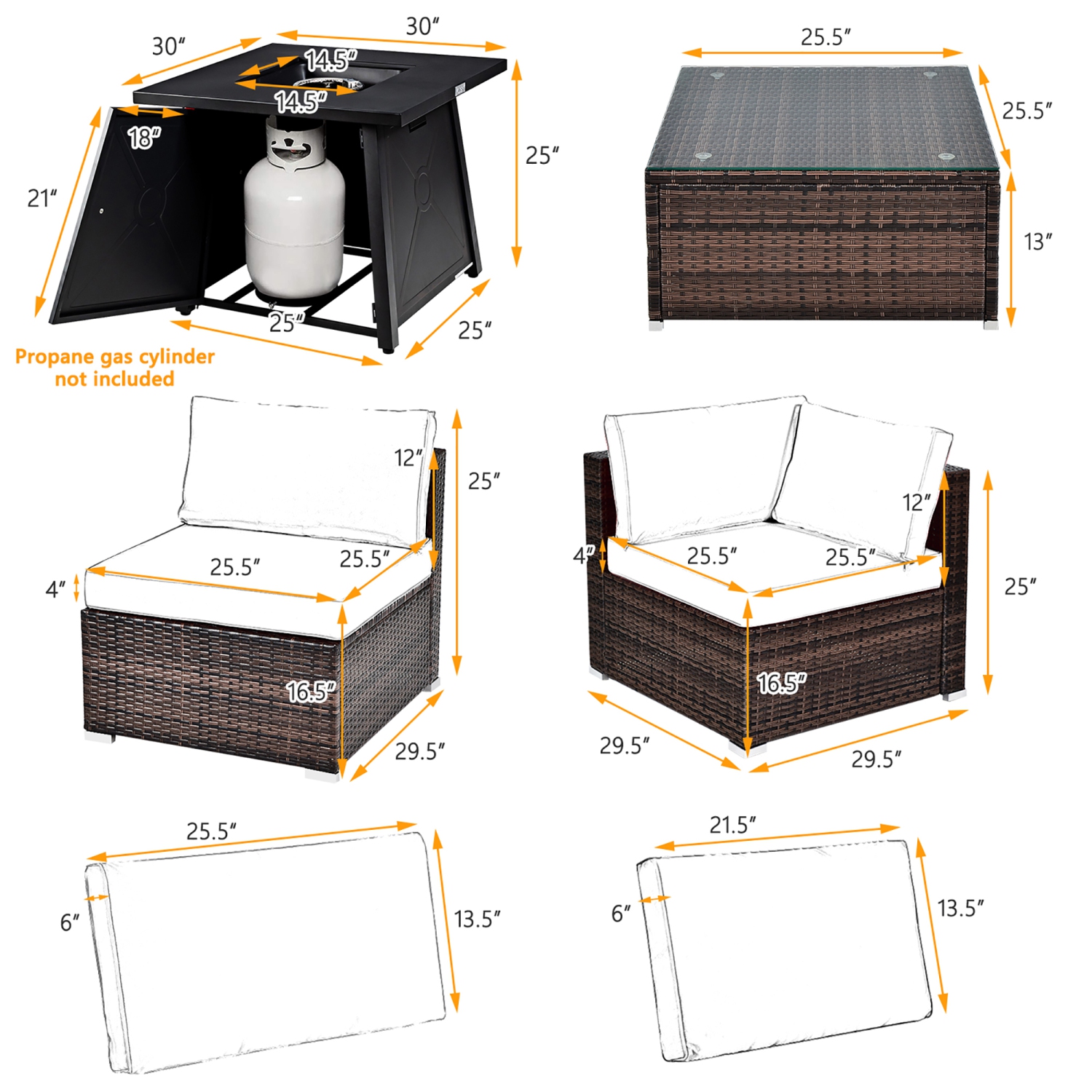 Costway 7PCS Patio Rattan Furniture Set Fire Pit Table Cover Cushion