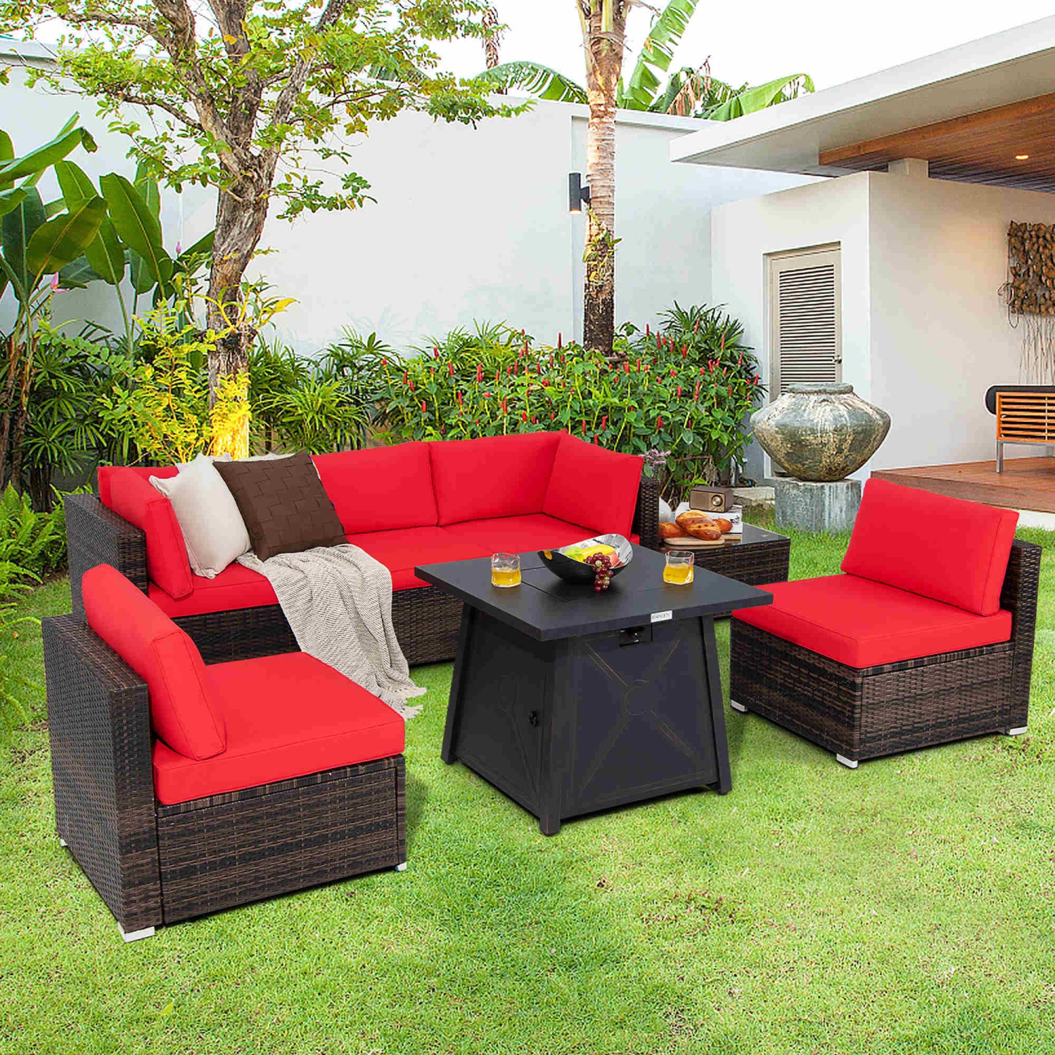 Costway 7PCS Patio Rattan Furniture Set Fire Pit Table Cover Cushion