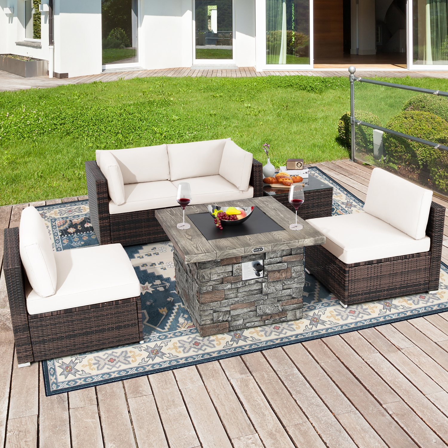 Costway 6 PCS Patio Wicker Furniture Set 34.5" Fire Pit Table W/Cover