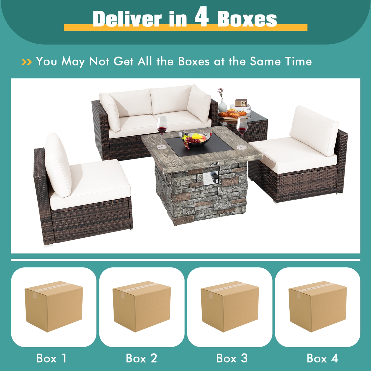 Costway 6 PCS Patio Wicker Furniture Set 34.5" Fire Pit Table W/Cover