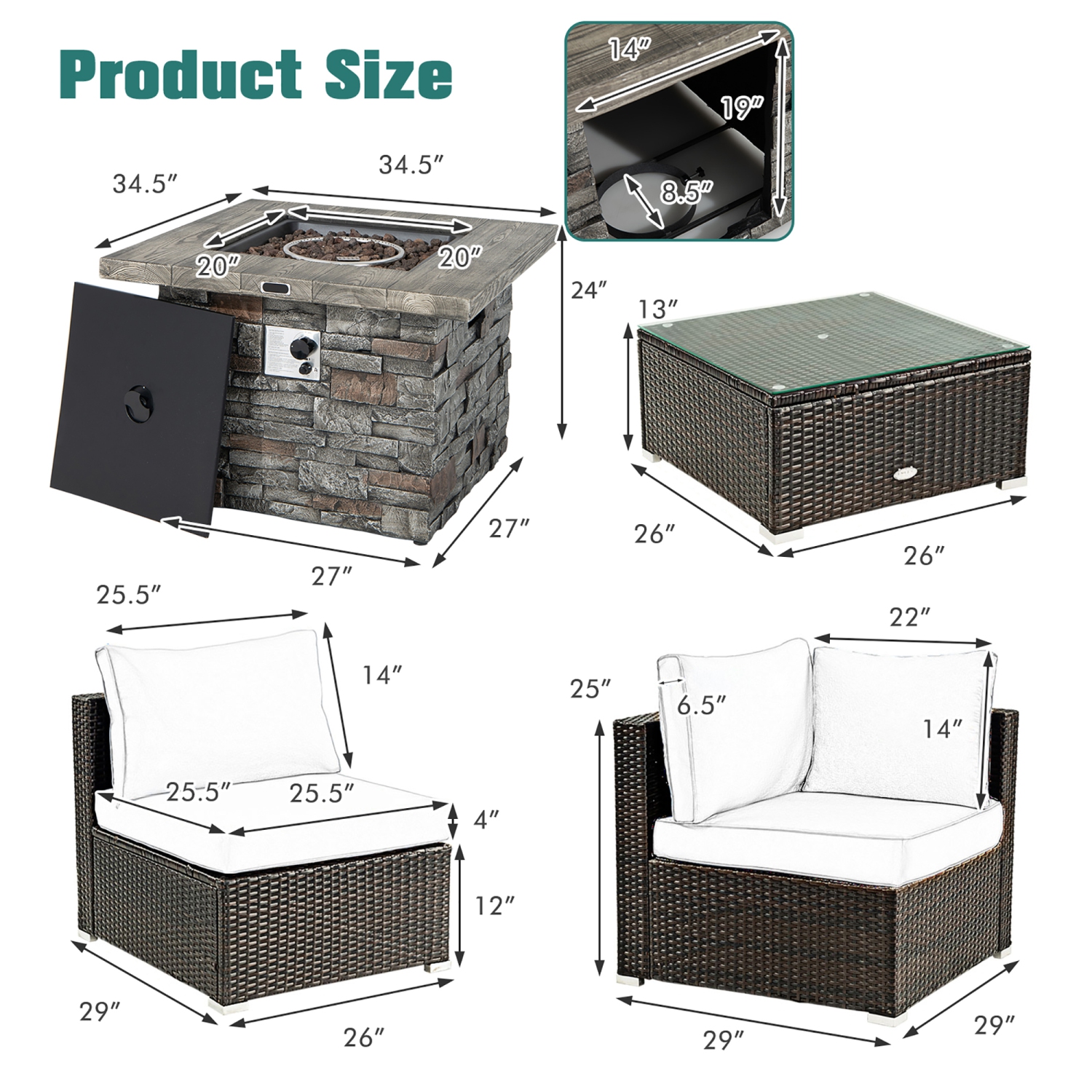 Ensemble de meubles de patio en osier 6 PCS de Costway avec table à foyer de 34,5&nbsp;po et housse