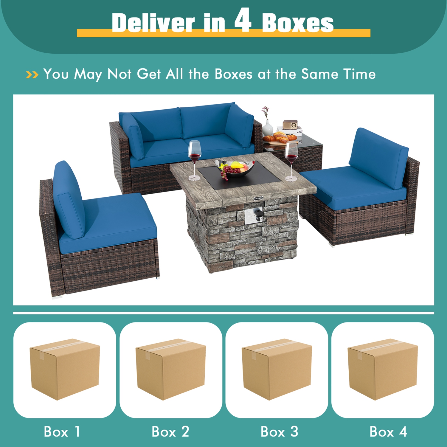 Costway 6 PCS Patio Wicker Furniture Set 34.5" Fire Pit Table W/Cover