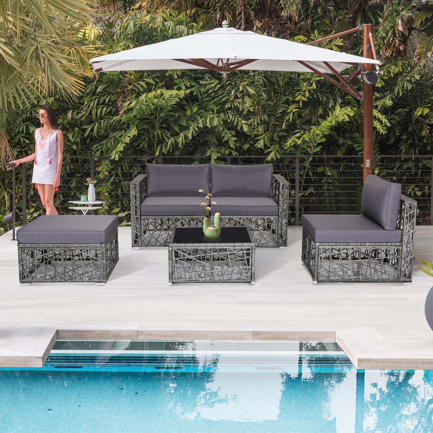 Costway 5 Pieces Patio PE Rattan Wicker Sofa Furniture Set Cushioned Outdoor Grey