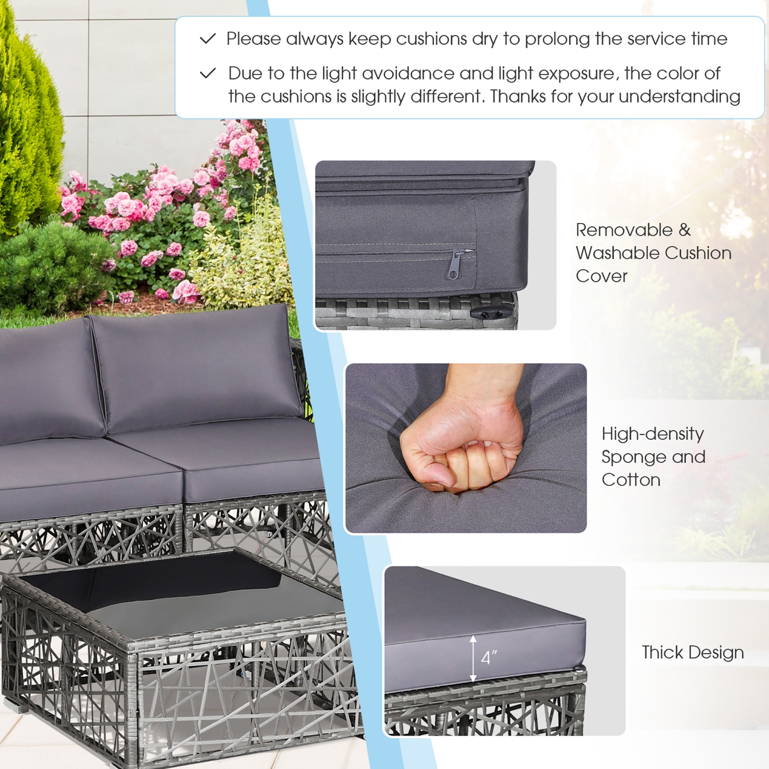 Costway 5 Pieces Patio PE Rattan Wicker Sofa Furniture Set Cushioned Outdoor Grey