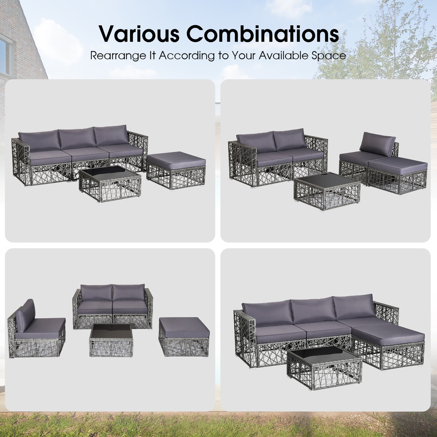 Costway 5 Pieces Patio PE Rattan Wicker Sofa Furniture Set Cushioned Outdoor Grey
