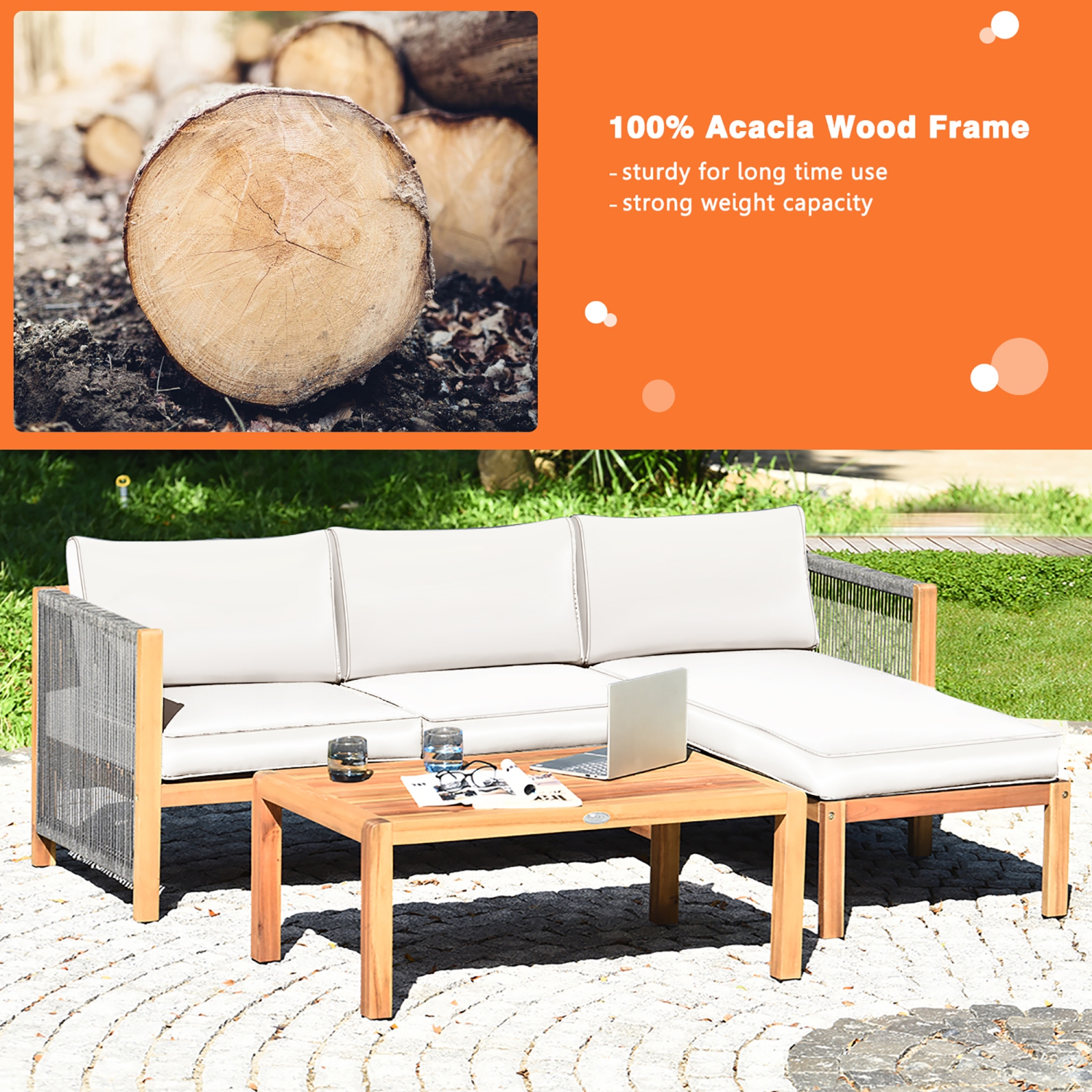 Costway 3PCS Patio Acacia Wood Sofa Furniture Set Thick Cushion W/Nylon Rope Armrest
