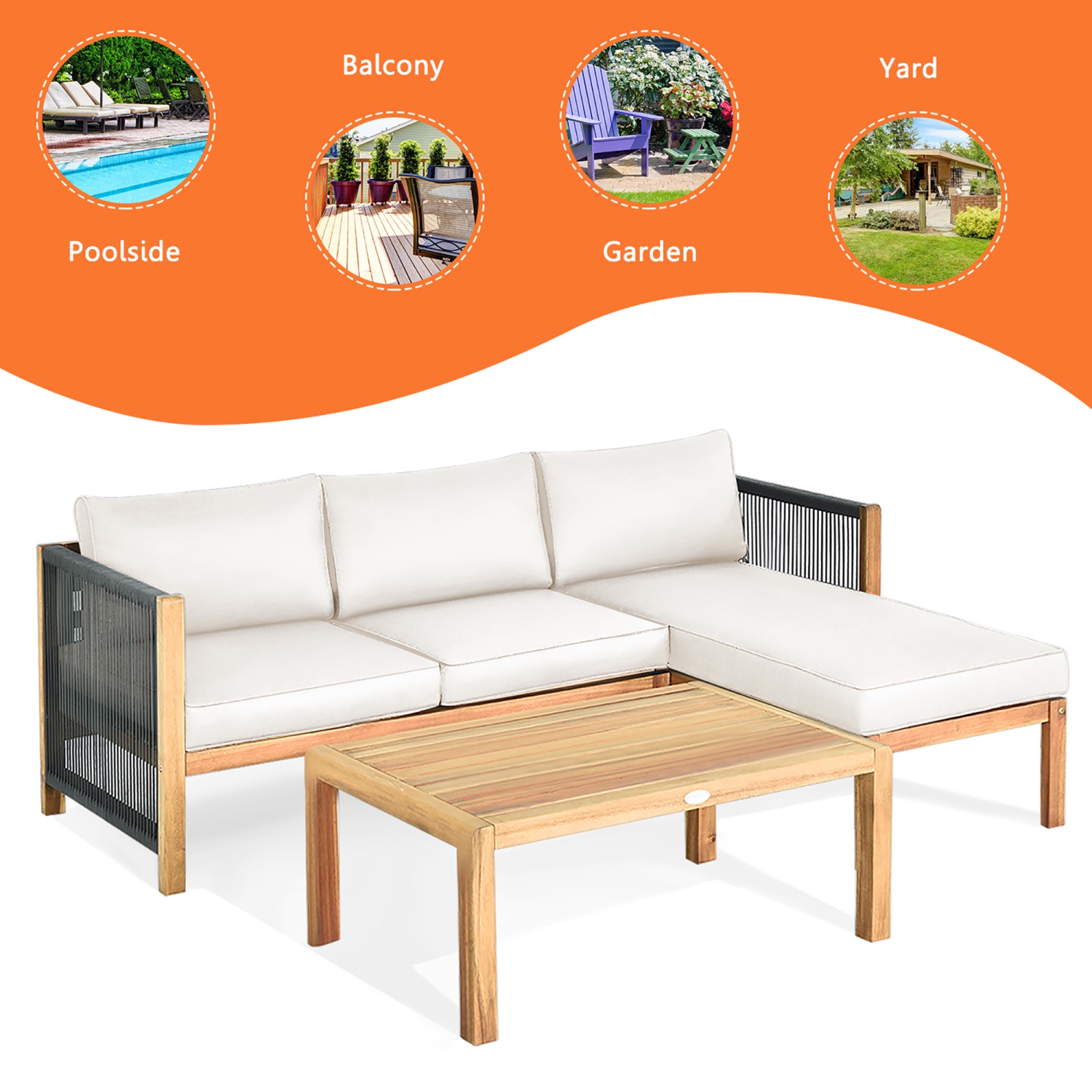 Costway 3PCS Patio Acacia Wood Sofa Furniture Set Thick Cushion W/Nylon Rope Armrest