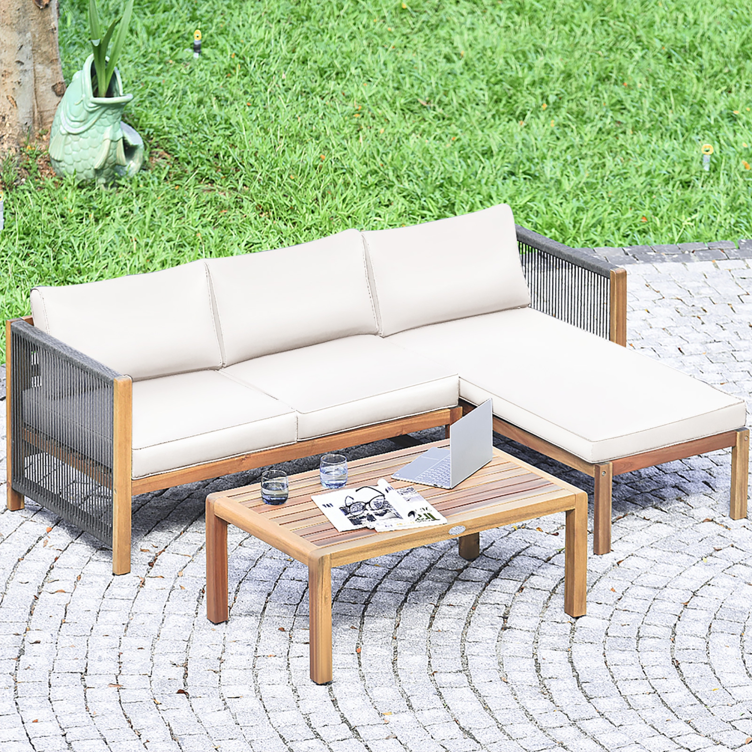 Costway 3PCS Patio Acacia Wood Sofa Furniture Set Thick Cushion W/Nylon Rope Armrest