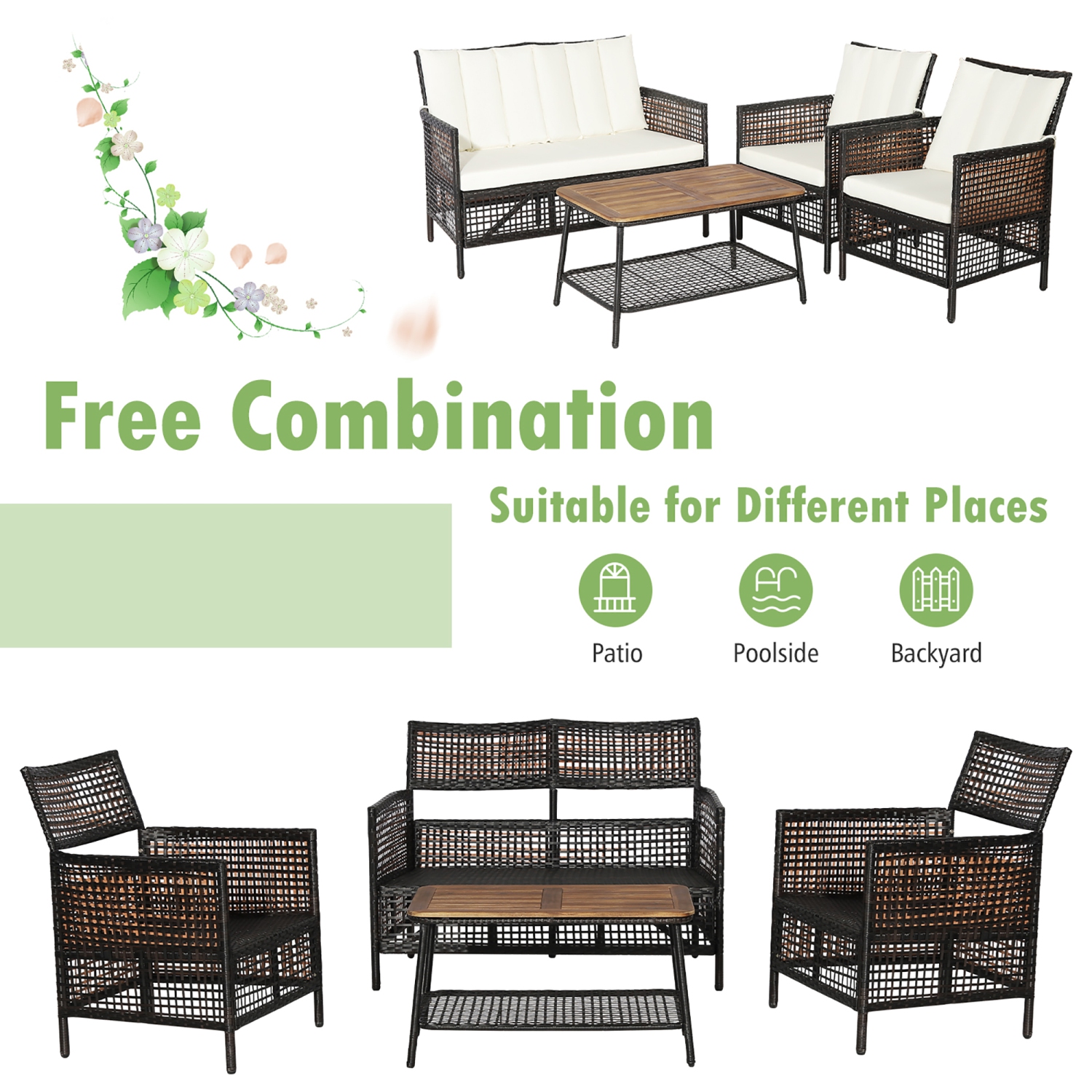 Costway 4PCS Patio Rattan Furniture Set Cushioned Chairs Wood Table Top W/Shelf