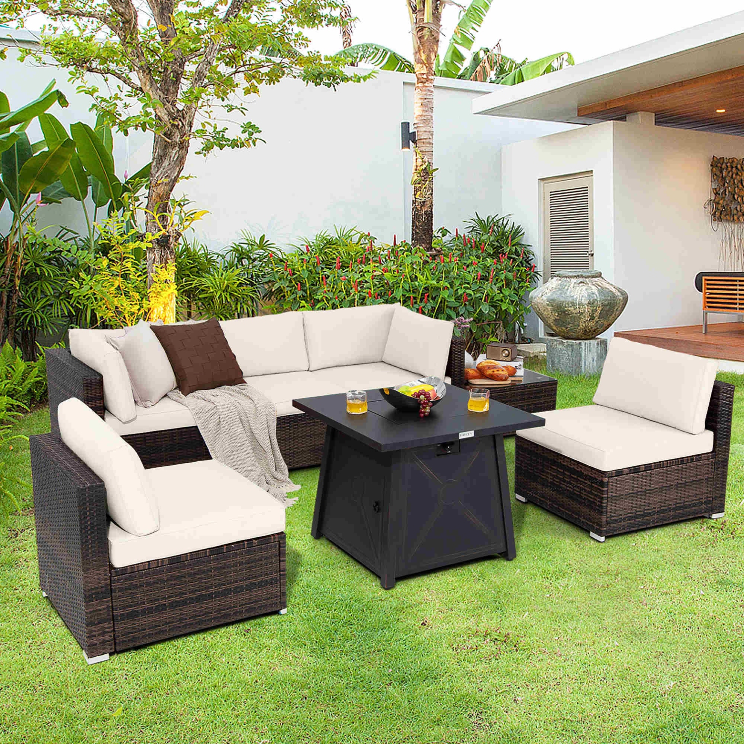 Costway 7PCS Patio Rattan Furniture Set Fire Pit Table Cover Cushion