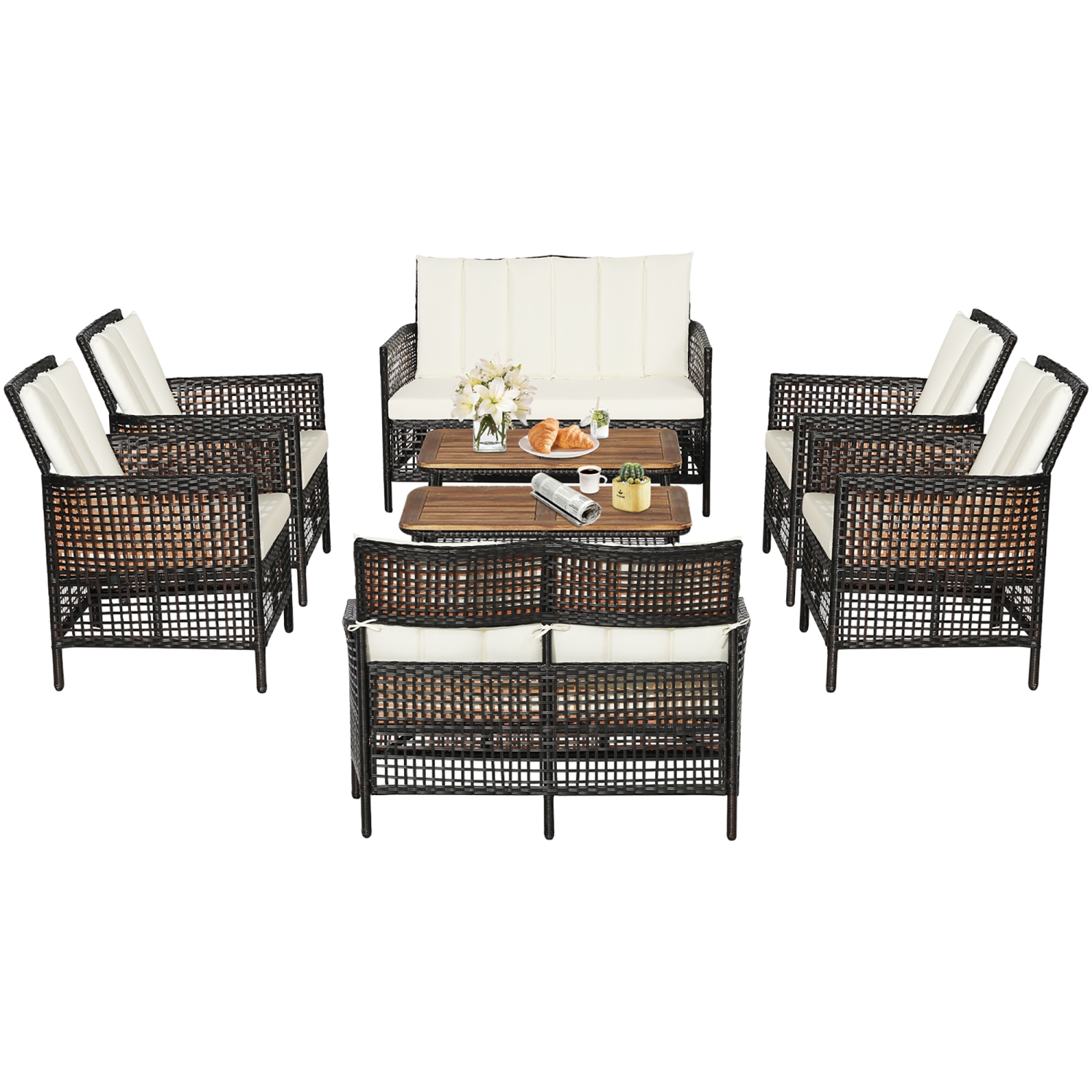 Costway 8PCS Patio Rattan Furniture Set Cushioned Chairs Wood Table Top W/Shelf