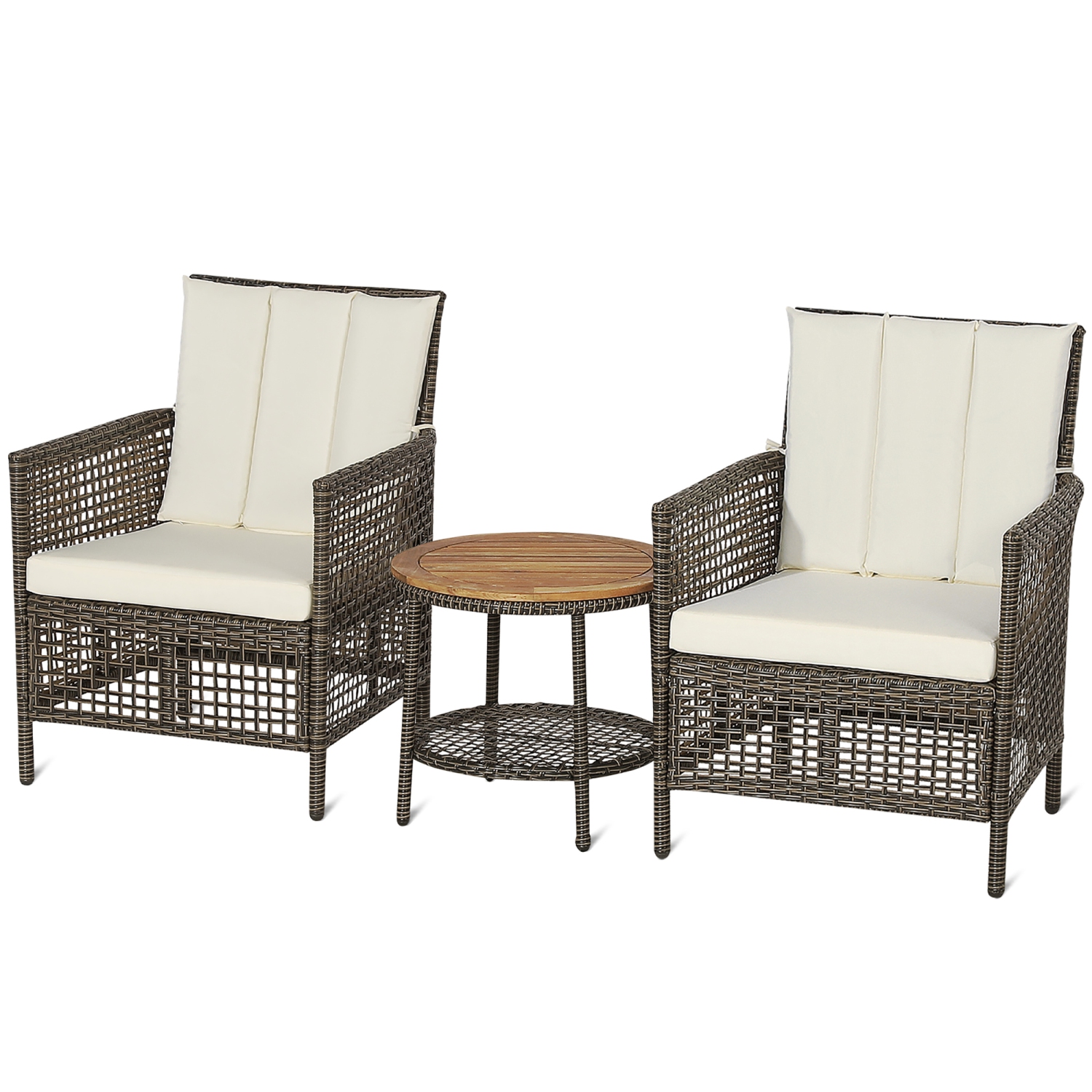 Costway 3PCS Patio Rattan Furniture Set Cushioned Sofas Wood Table Top W/Shelf
