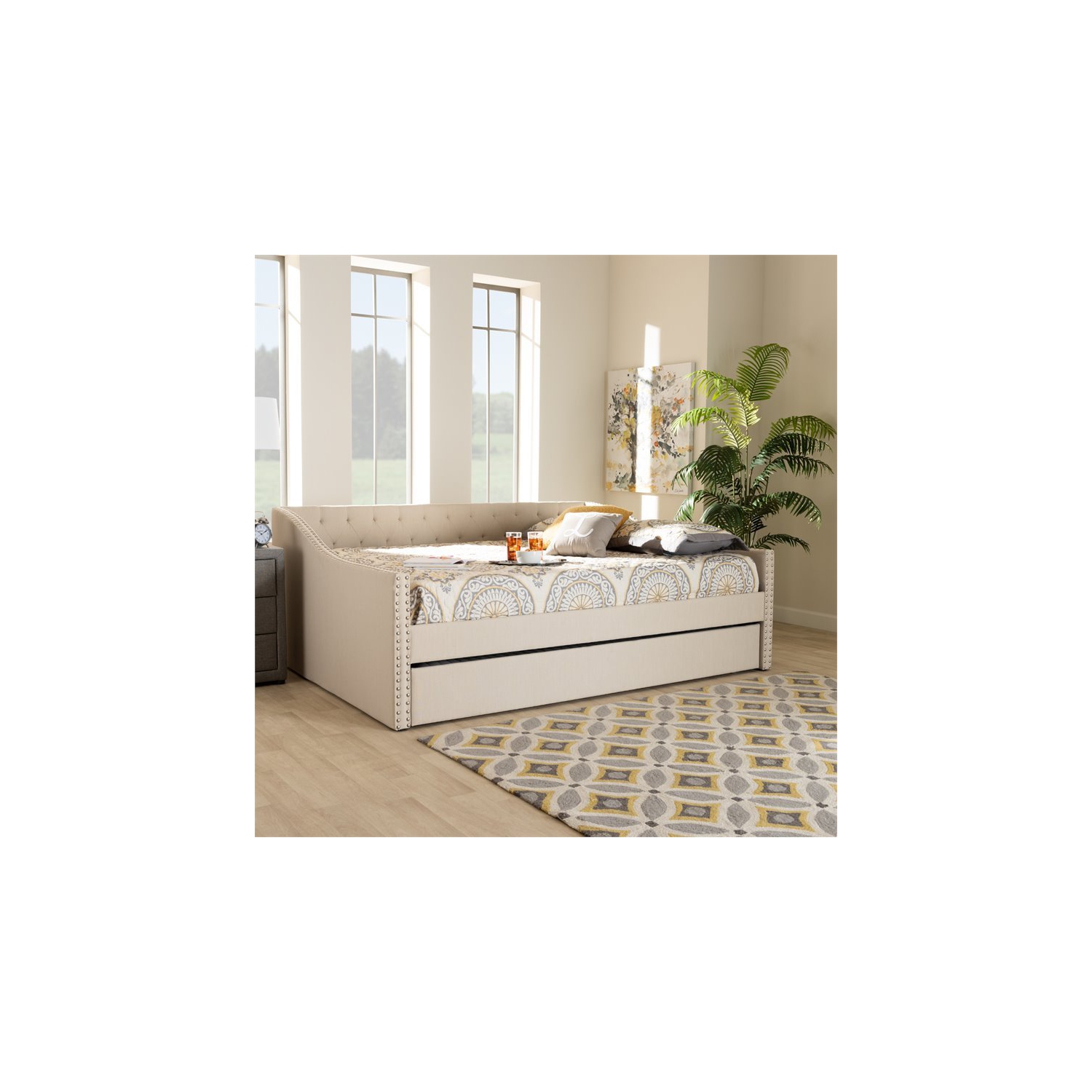 Baxton Studio Haylie Beige Upholstered Full Size Daybed with Trundle