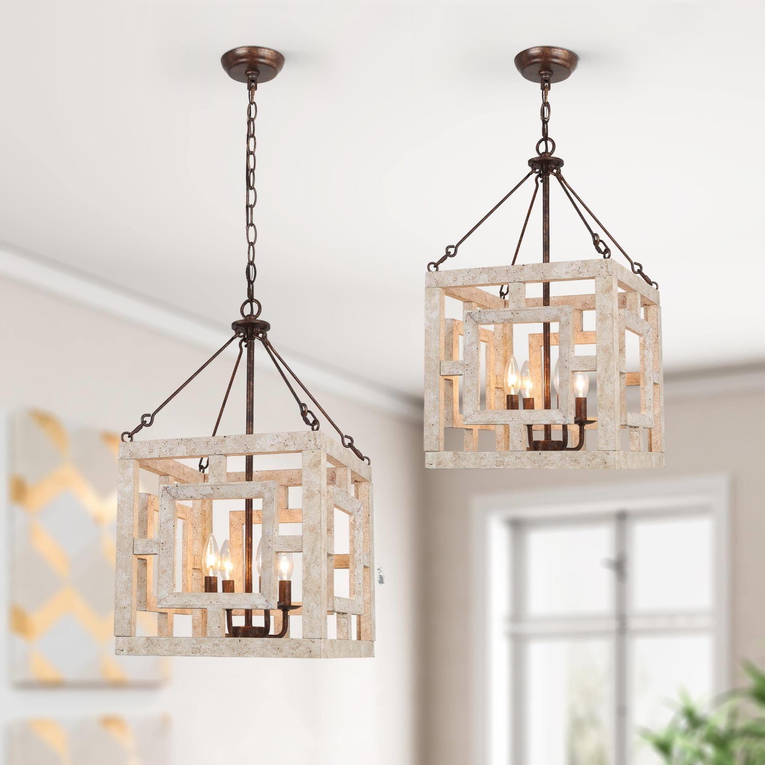 Farmhouse 4-Light Weathered Wood Rustic Square Chandelier for Dining Room&nbsp;