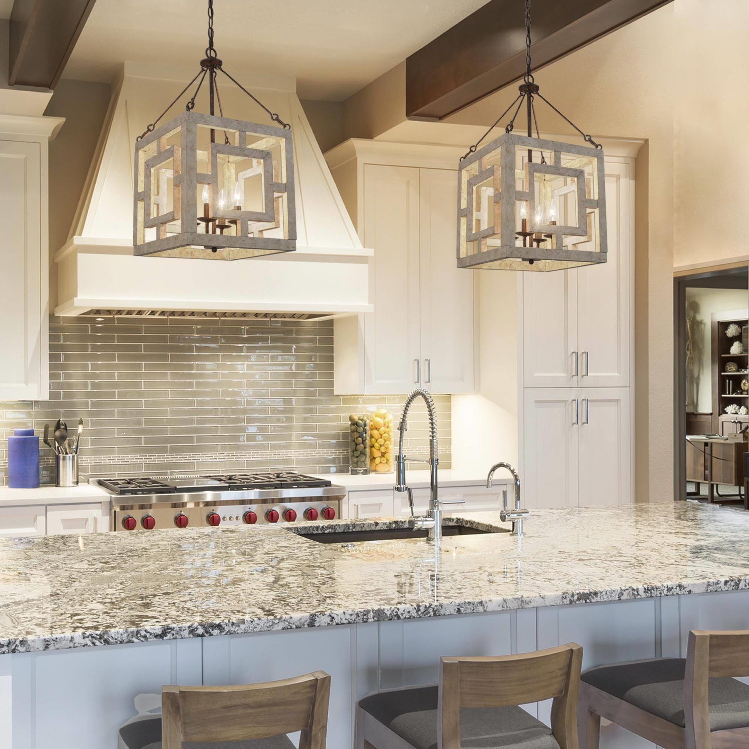 Farmhouse 4-Light Weathered Wood Rustic Square Chandelier for Dining Room&nbsp;