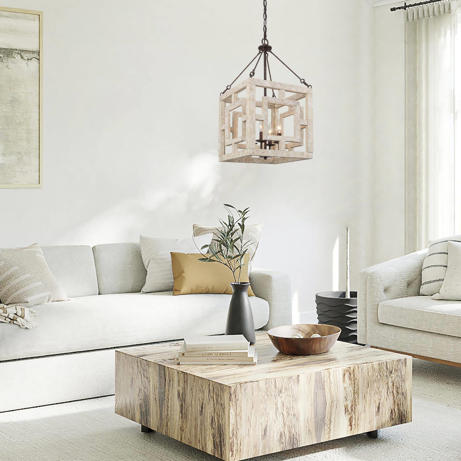 Farmhouse 4-Light Weathered Wood Rustic Square Chandelier for Dining Room&nbsp;