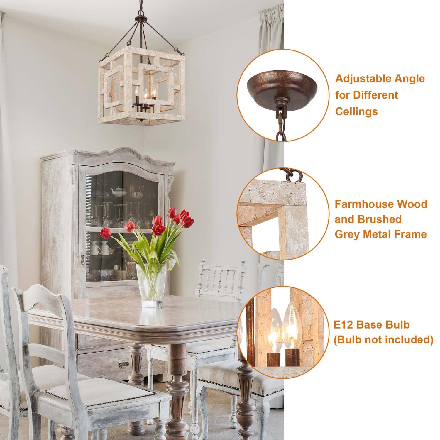 Farmhouse 4-Light Weathered Wood Rustic Square Chandelier for Dining Room&nbsp;