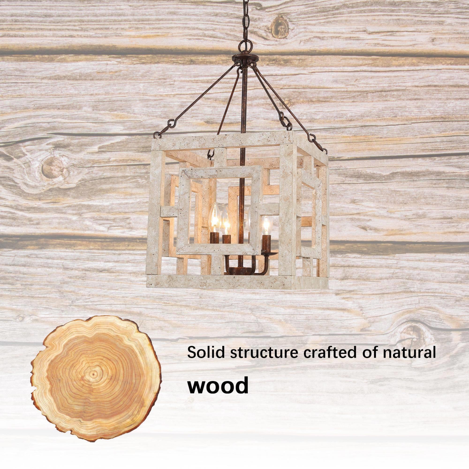 Farmhouse 4-Light Weathered Wood Rustic Square Chandelier for Dining Room&nbsp;