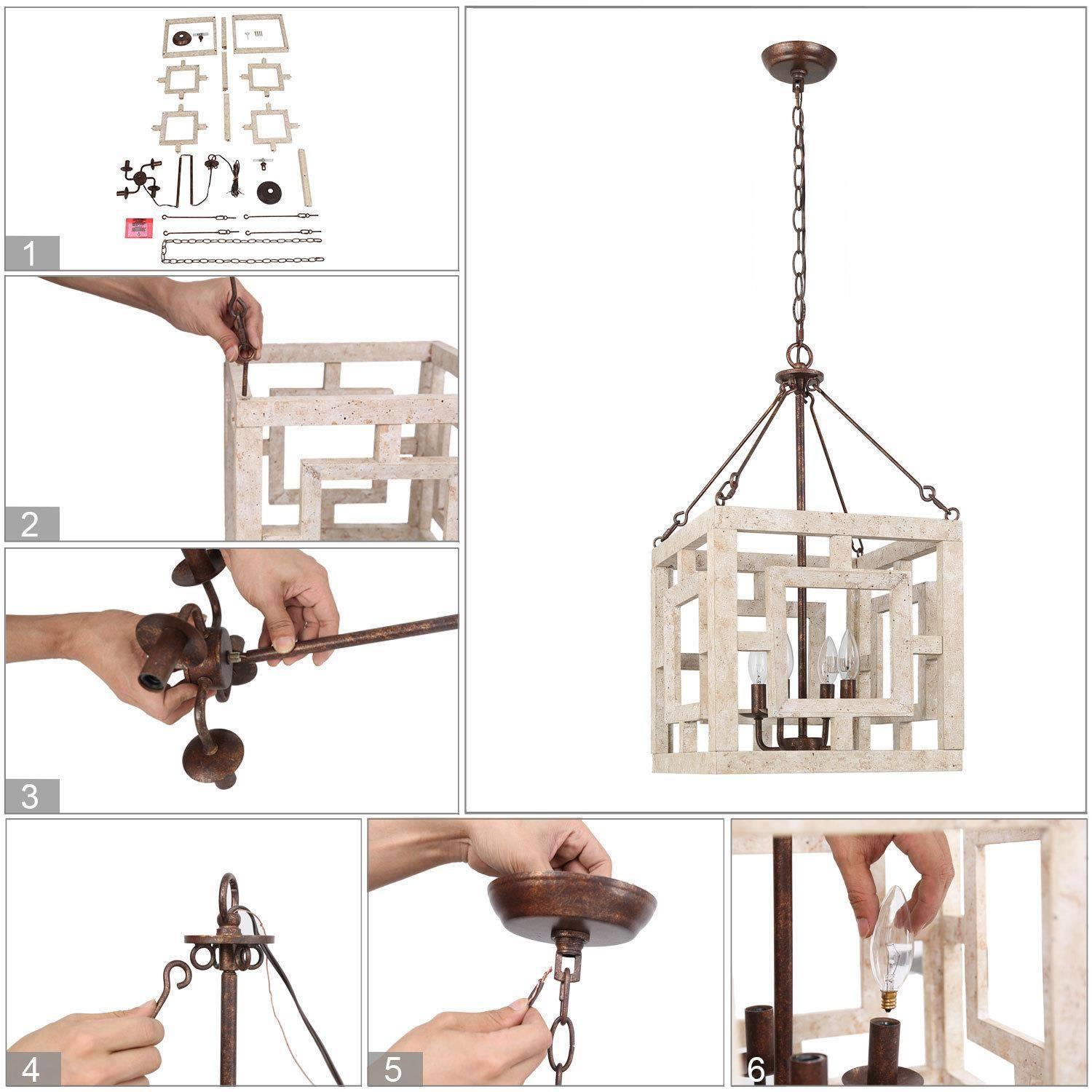 Farmhouse 4-Light Weathered Wood Rustic Square Chandelier for Dining Room&nbsp;