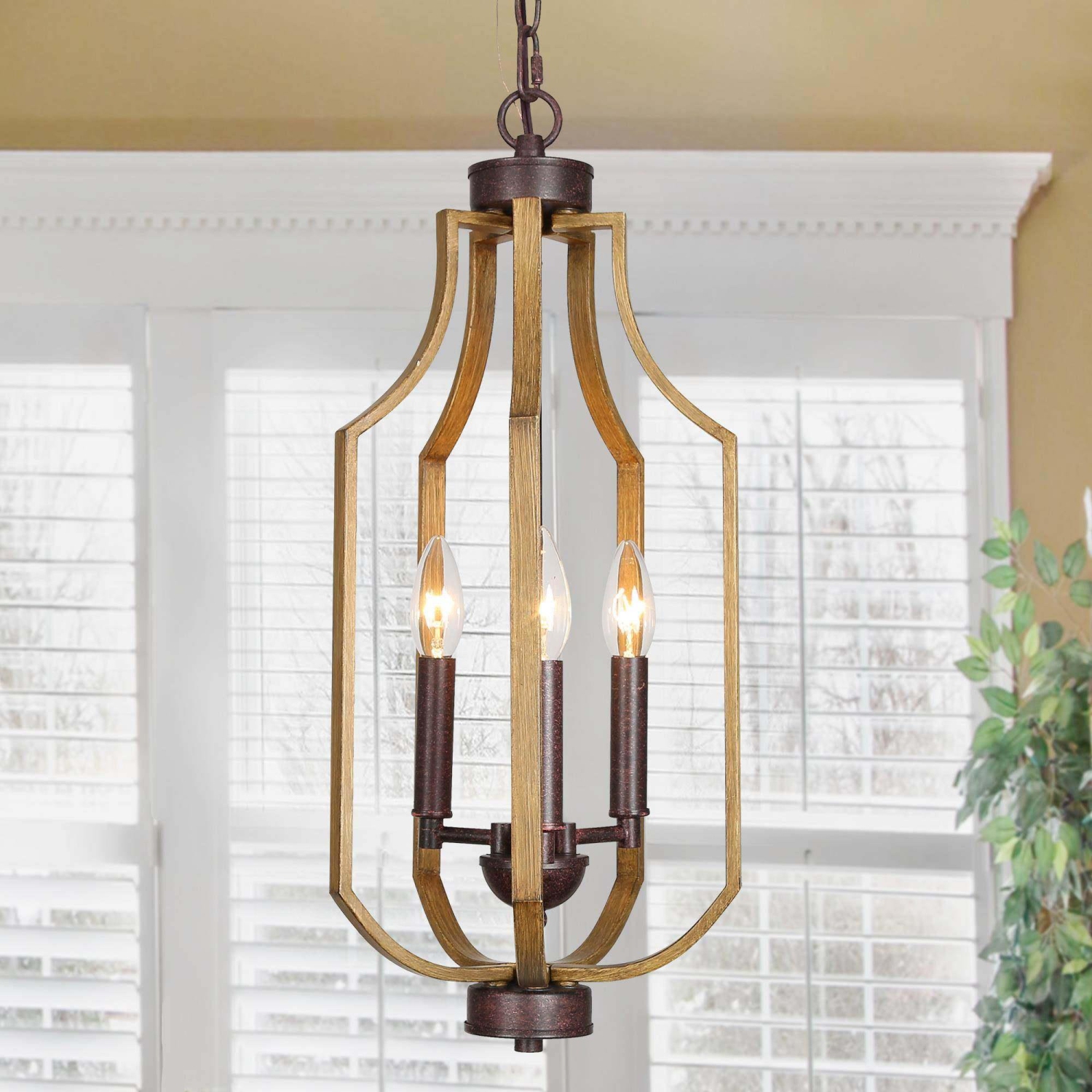 Modern Farmhouse 3-Light Wood Grain Lantern Island Pendant Lights for Dining Room