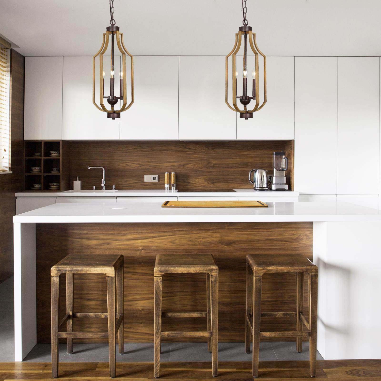 Modern Farmhouse 3-Light Wood Grain Lantern Island Pendant Lights for Dining Room