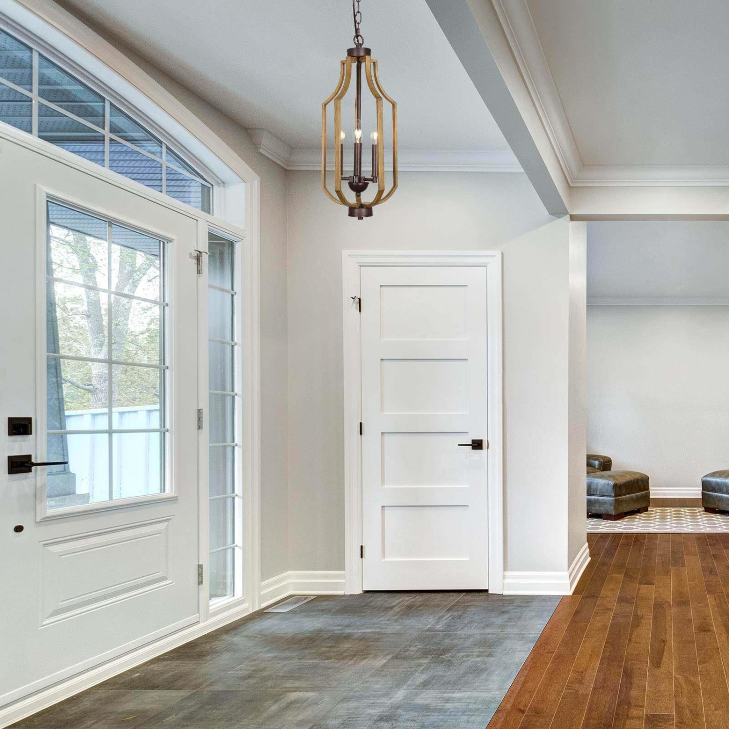 Modern Farmhouse 3-Light Wood Grain Lantern Island Pendant Lights for Dining Room