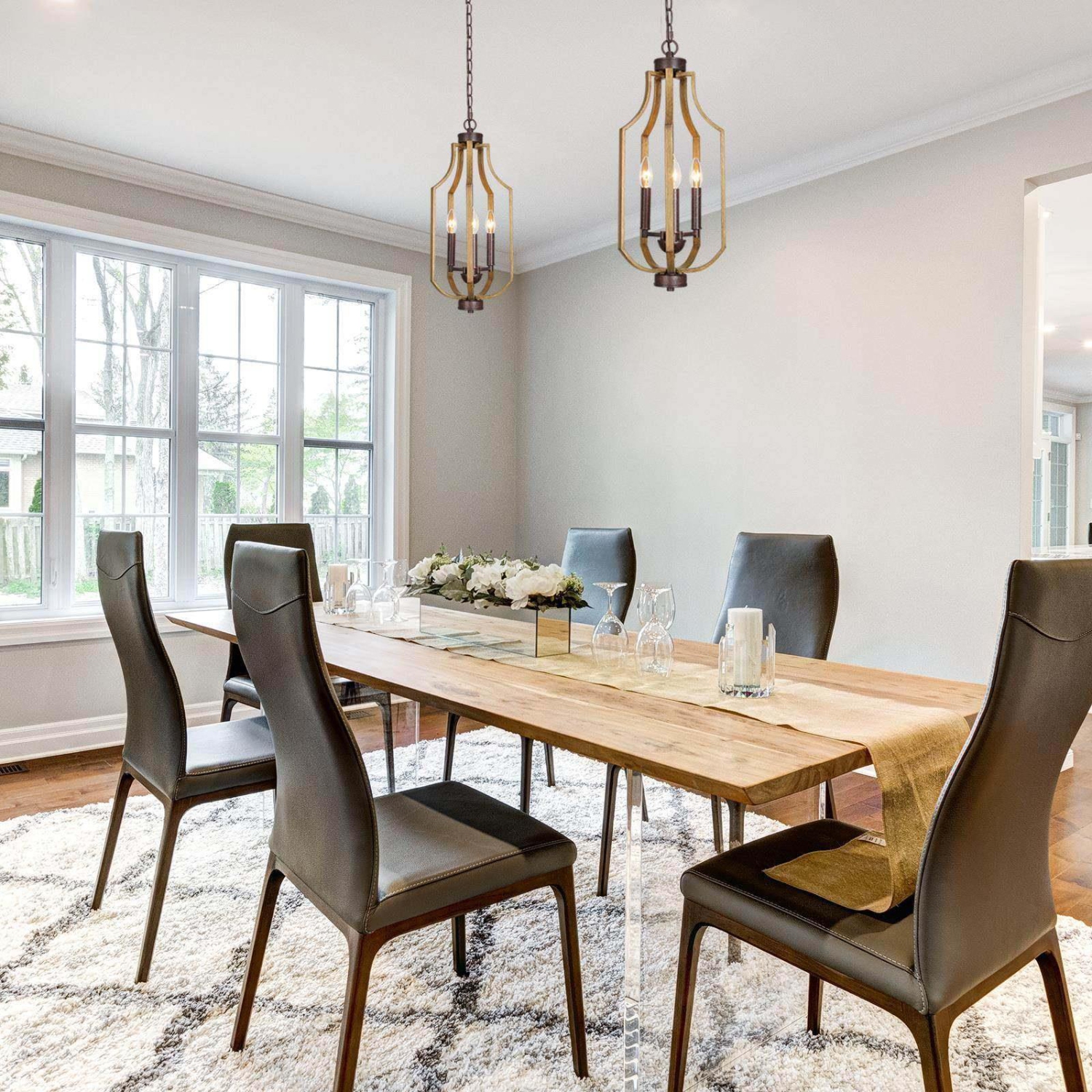 Modern Farmhouse 3-Light Wood Grain Lantern Island Pendant Lights for Dining Room